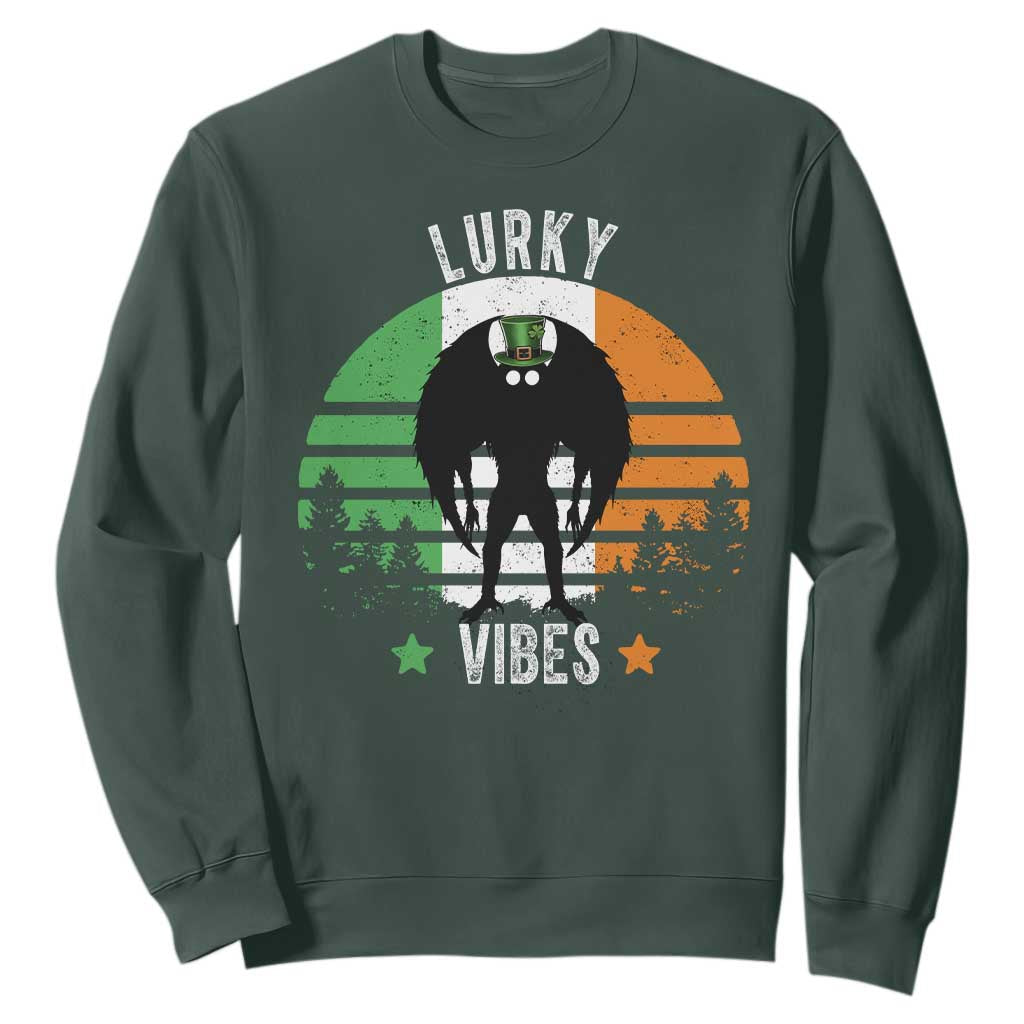 Funny St Patrick's Day Mothman Sweatshirt Lurky Vibes Shamrock Retro Ireland Flag TS11 Dark Forest Green Print Your Wear