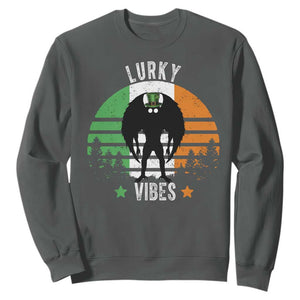 Funny St Patrick's Day Mothman Sweatshirt Lurky Vibes Shamrock Retro Ireland Flag TS11 Dark Heather Print Your Wear