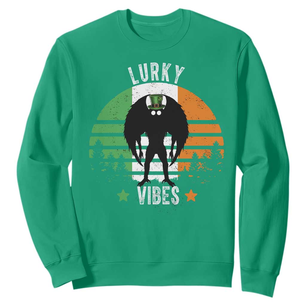 Funny St Patrick's Day Mothman Sweatshirt Lurky Vibes Shamrock Retro Ireland Flag TS11 Irish Green Print Your Wear