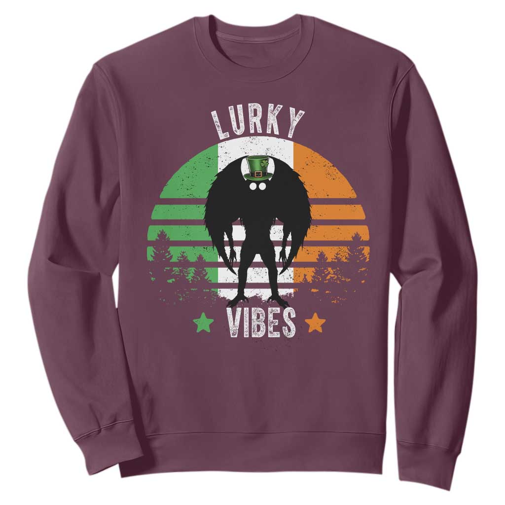Funny St Patrick's Day Mothman Sweatshirt Lurky Vibes Shamrock Retro Ireland Flag TS11 Maroon Print Your Wear