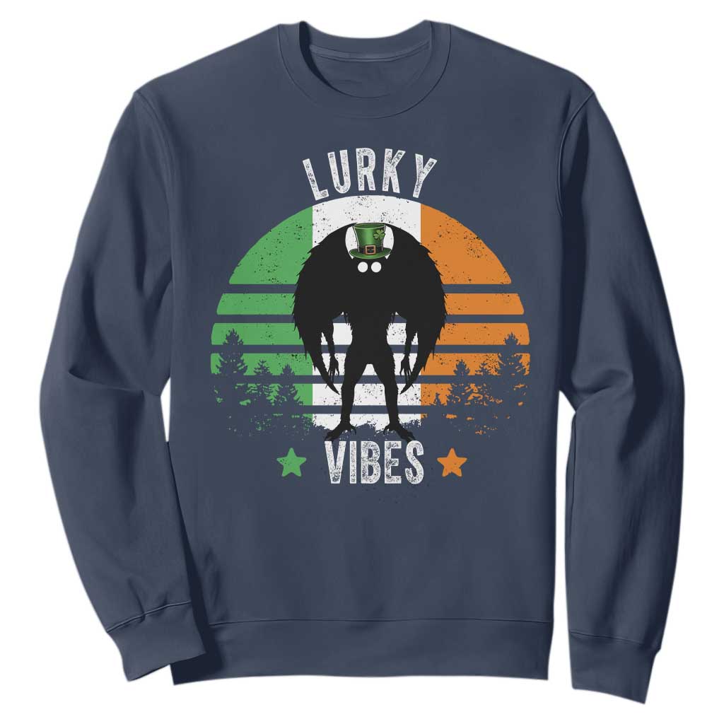 Funny St Patrick's Day Mothman Sweatshirt Lurky Vibes Shamrock Retro Ireland Flag TS11 Navy Print Your Wear