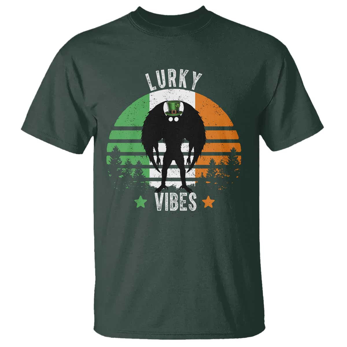 Funny St Patrick's Day Mothman T Shirt Lurky Vibes Shamrock Retro Ireland Flag TS11 Dark Forest Green Print Your Wear