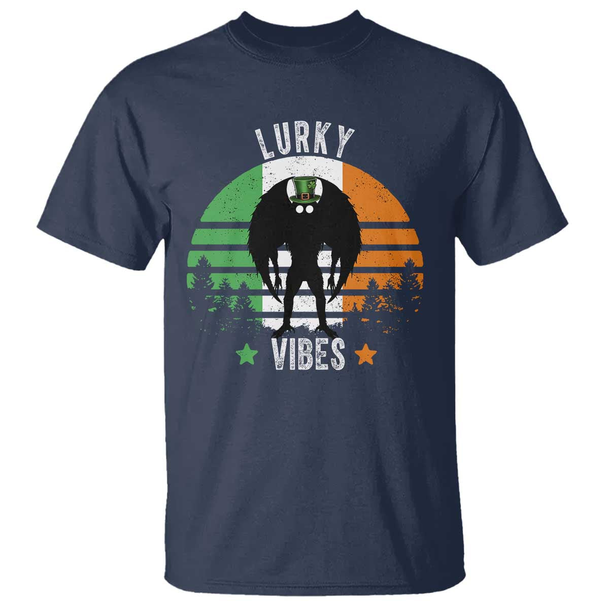 Funny St Patrick's Day Mothman T Shirt Lurky Vibes Shamrock Retro Ireland Flag TS11 Navy Print Your Wear