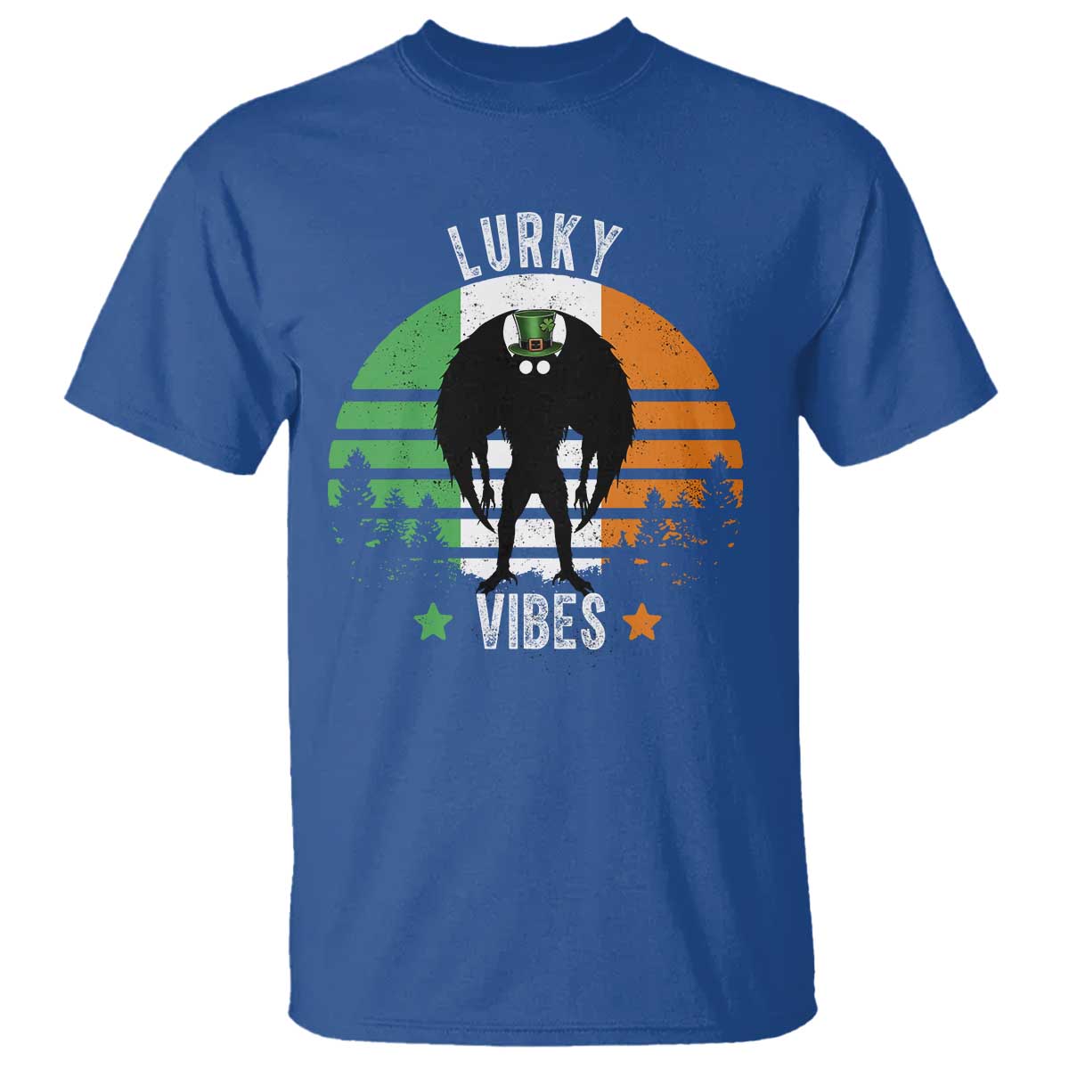 Funny St Patrick's Day Mothman T Shirt Lurky Vibes Shamrock Retro Ireland Flag TS11 Royal Blue Print Your Wear