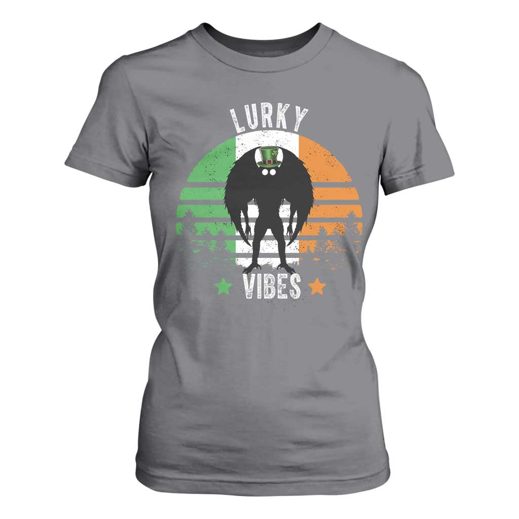 Funny St Patrick's Day Mothman T Shirt For Women Lurky Vibes Shamrock Retro Ireland Flag TS11 Charcoal Print Your Wear