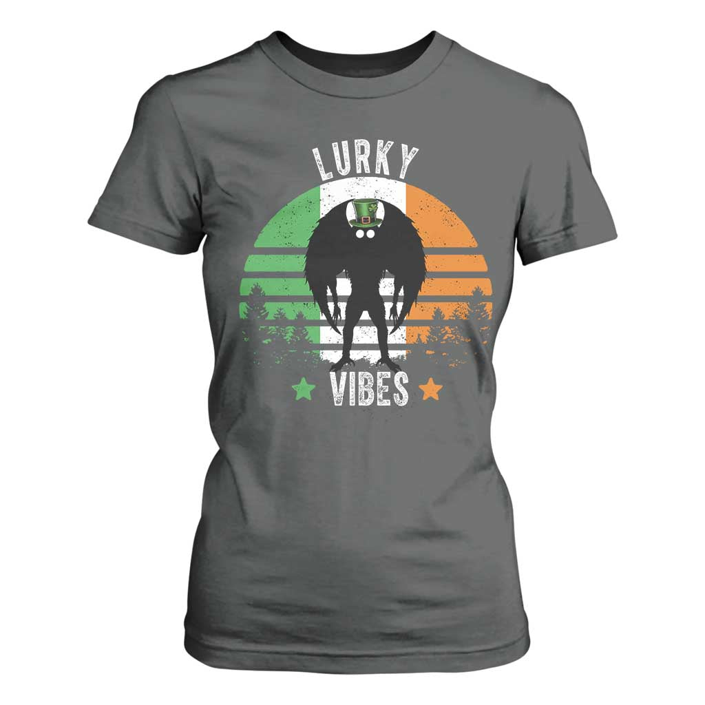 Funny St Patrick's Day Mothman T Shirt For Women Lurky Vibes Shamrock Retro Ireland Flag TS11 Dark Heather Print Your Wear