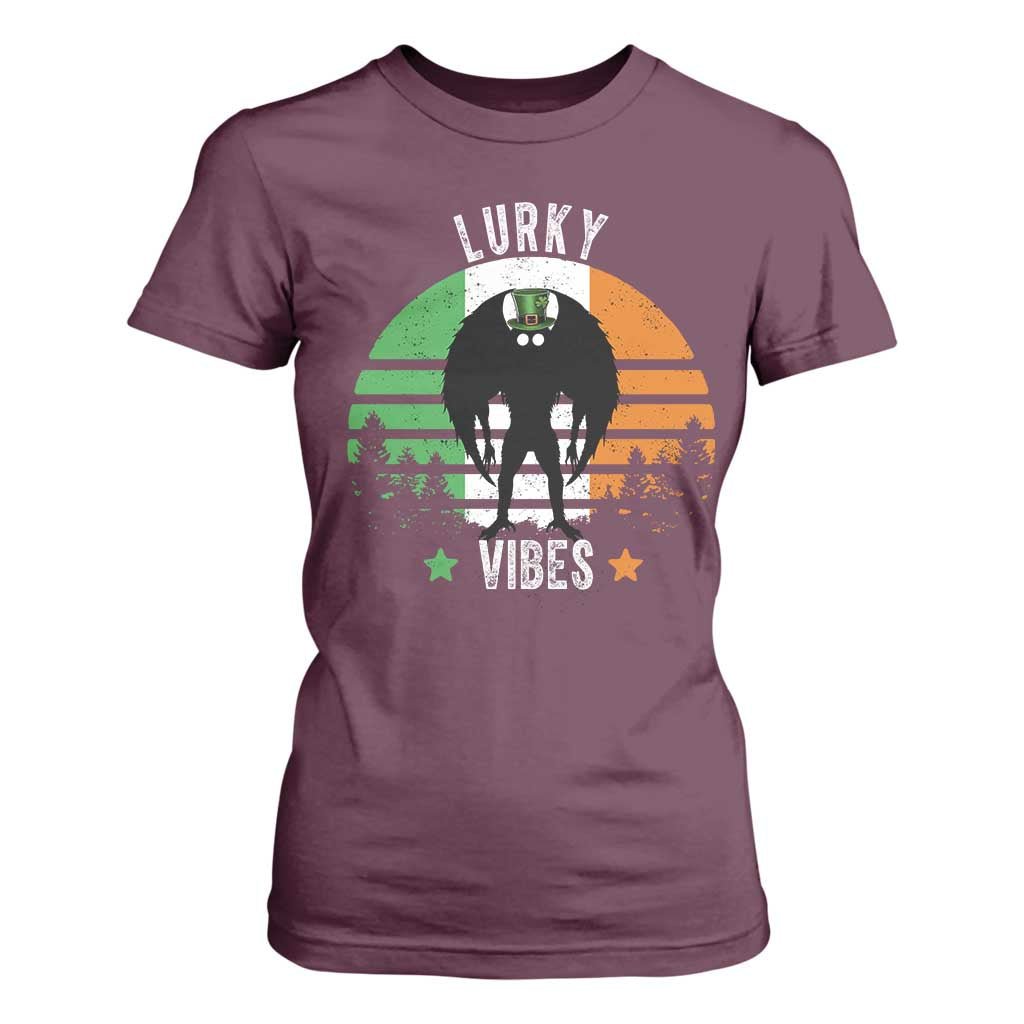 Funny St Patrick's Day Mothman T Shirt For Women Lurky Vibes Shamrock Retro Ireland Flag TS11 Maroon Print Your Wear
