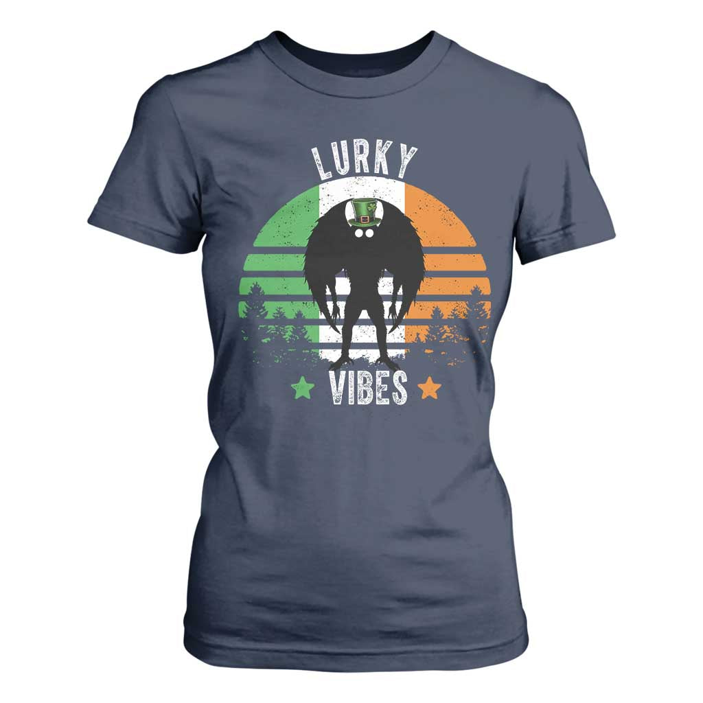 Funny St Patrick's Day Mothman T Shirt For Women Lurky Vibes Shamrock Retro Ireland Flag TS11 Navy Print Your Wear