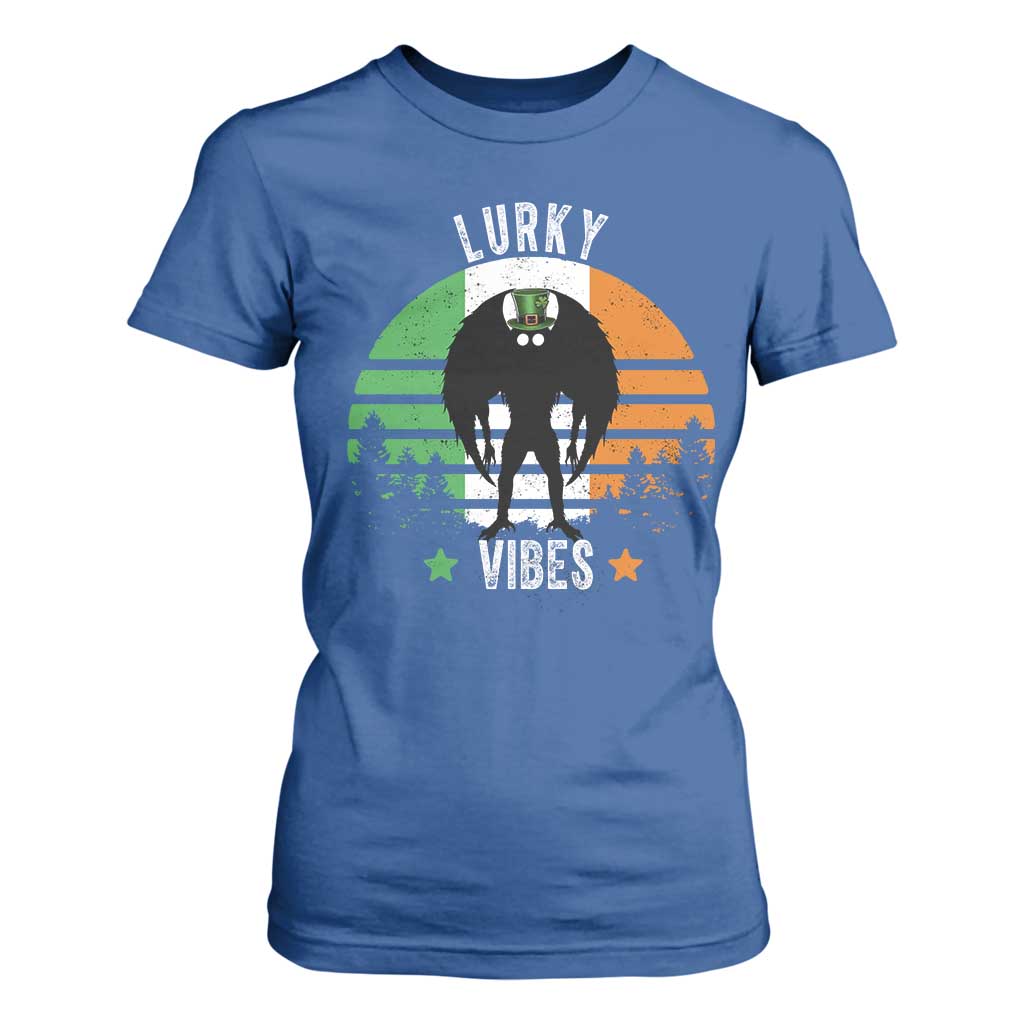 Funny St Patrick's Day Mothman T Shirt For Women Lurky Vibes Shamrock Retro Ireland Flag TS11 Royal Blue Print Your Wear
