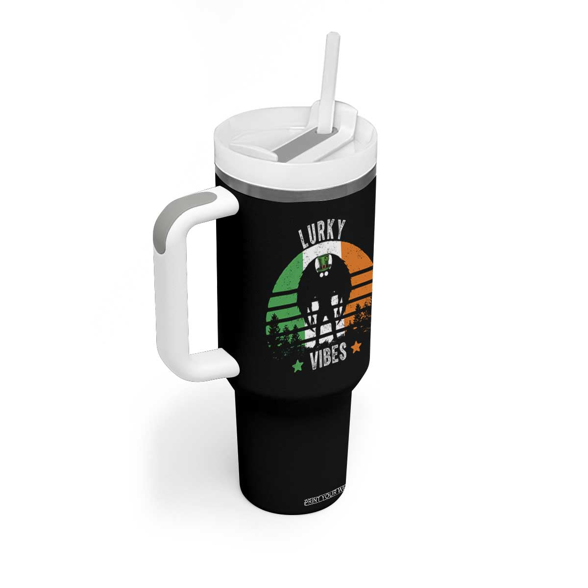 Funny St Patrick's Day Mothman Tumbler With Handle Lurky Vibes Shamrock Retro Ireland Flag TS11 Print Your Wear