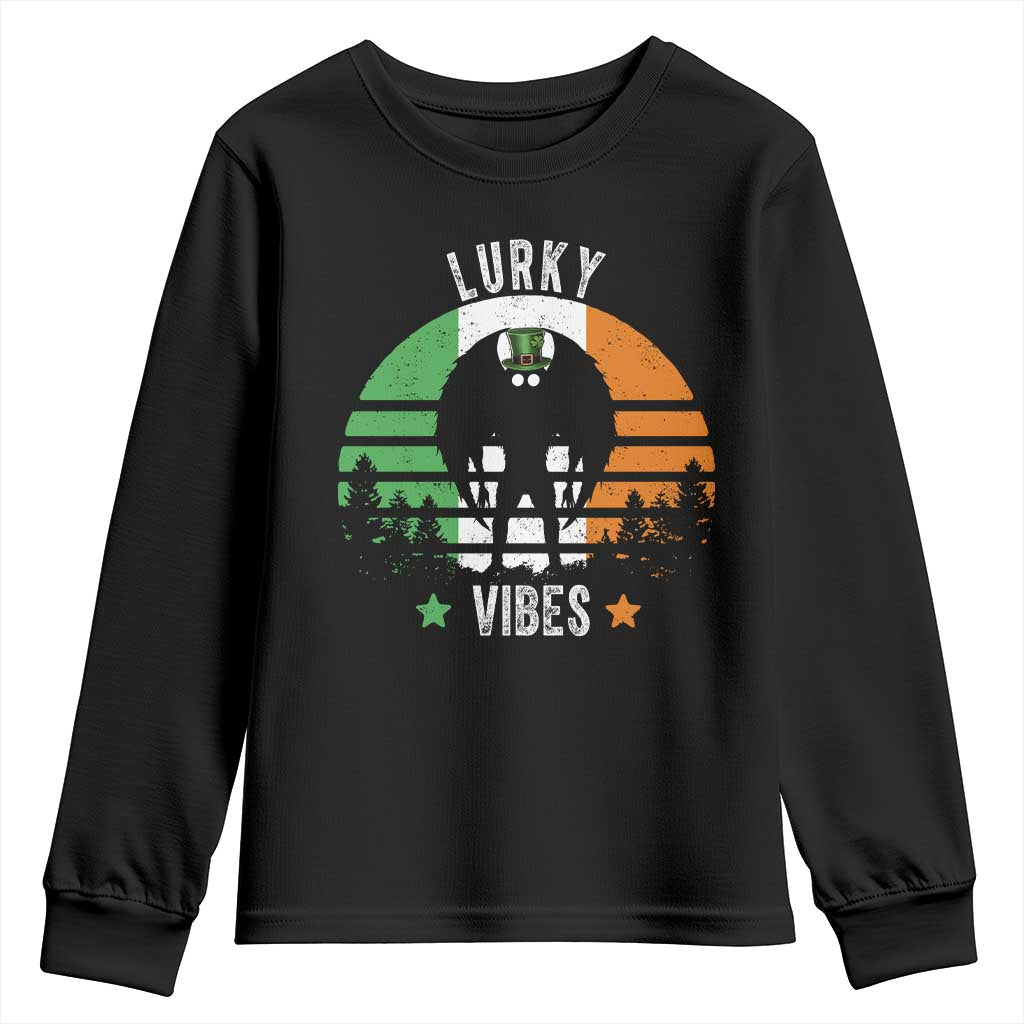 Funny St Patrick's Day Mothman Youth Sweatshirt Lurky Vibes Shamrock Retro Ireland Flag TS11 Black Print Your Wear