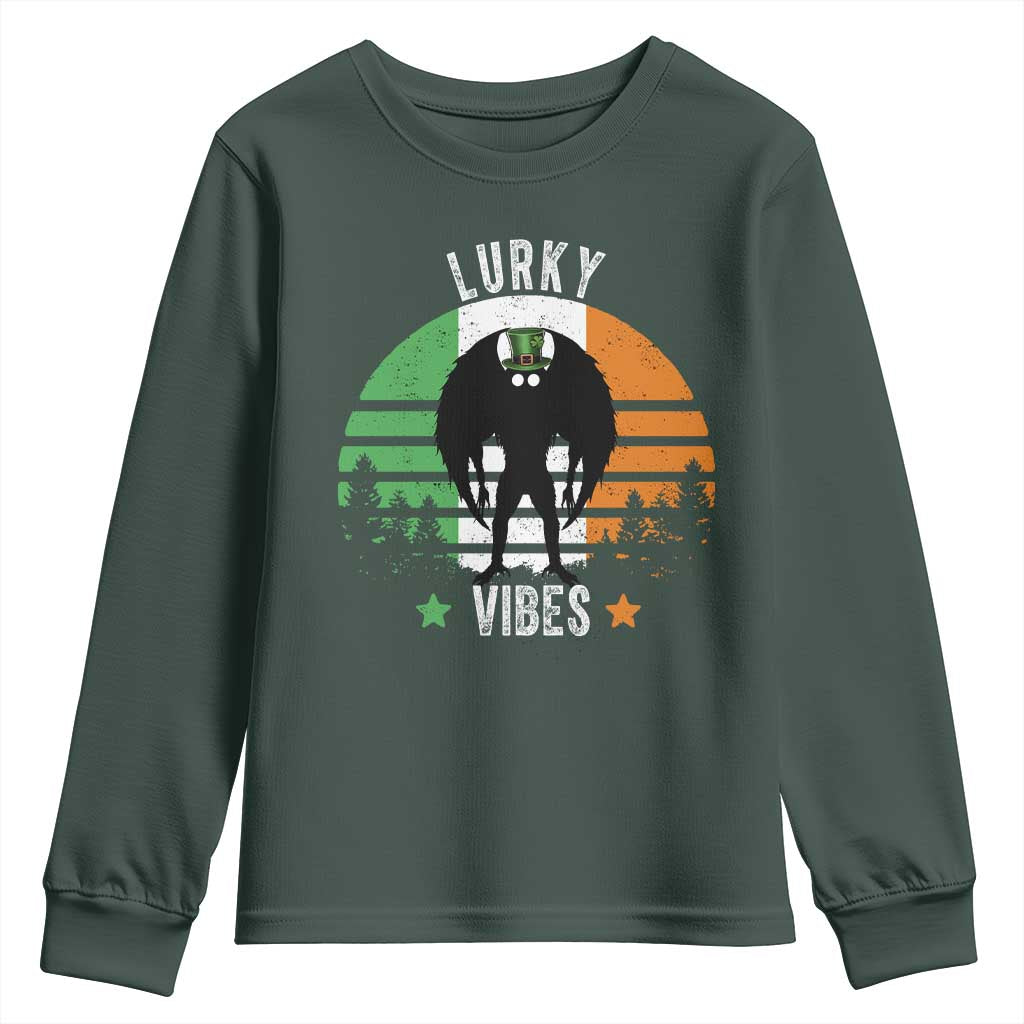 Funny St Patrick's Day Mothman Youth Sweatshirt Lurky Vibes Shamrock Retro Ireland Flag TS11 Dark Forest Green Print Your Wear