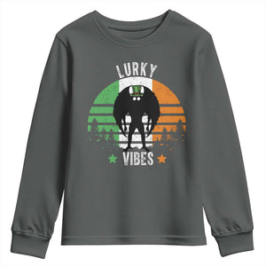 Funny St Patrick's Day Mothman Youth Sweatshirt Lurky Vibes Shamrock Retro Ireland Flag TS11 Dark Heather Print Your Wear