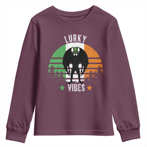 Funny St Patrick's Day Mothman Youth Sweatshirt Lurky Vibes Shamrock Retro Ireland Flag TS11 Maroon Print Your Wear