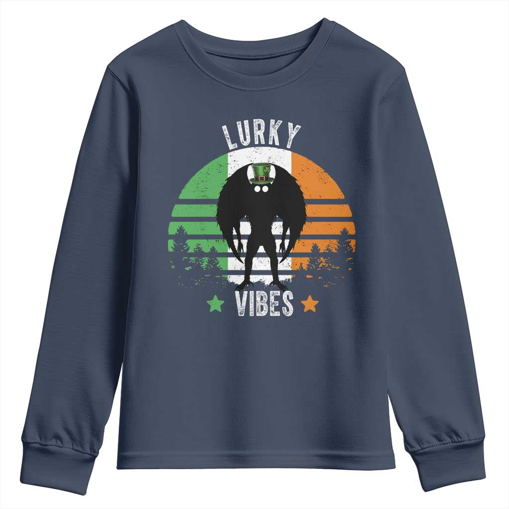 Funny St Patrick's Day Mothman Youth Sweatshirt Lurky Vibes Shamrock Retro Ireland Flag TS11 Navy Print Your Wear