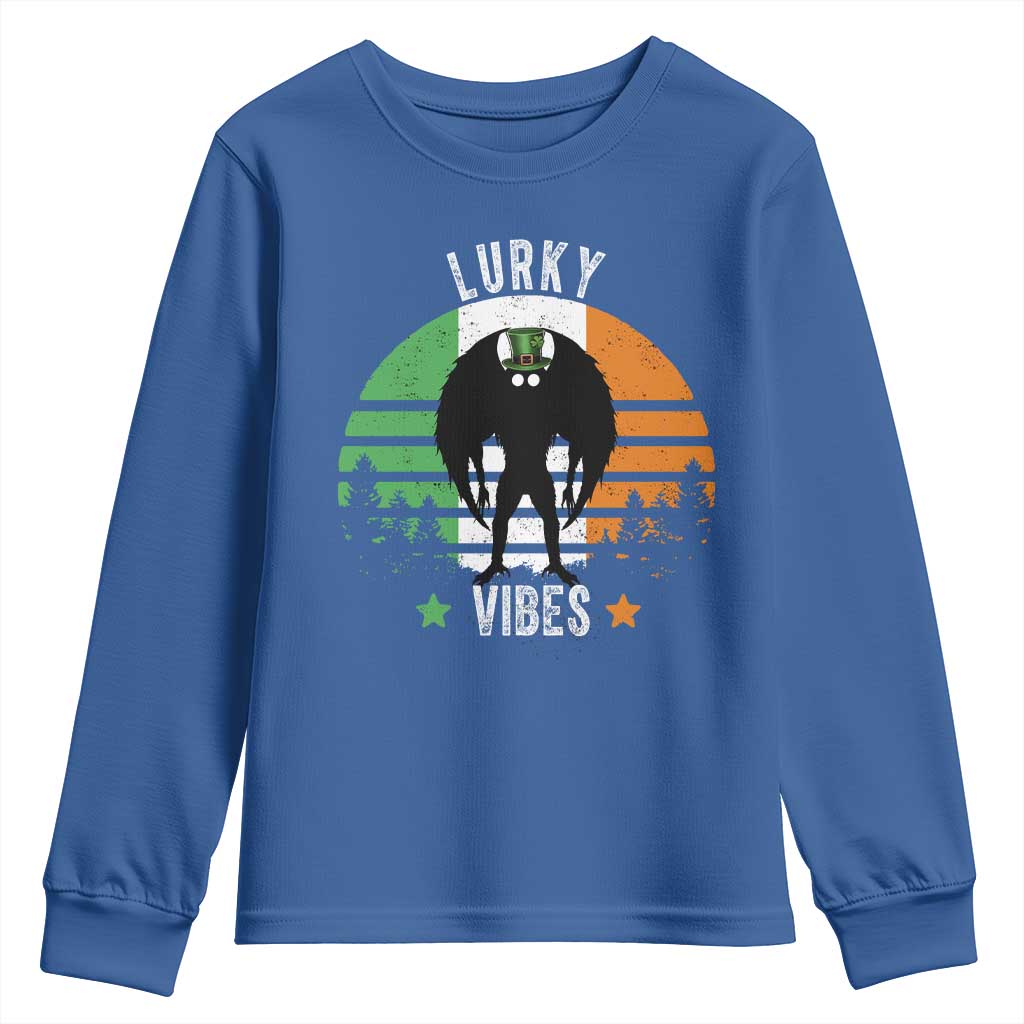 Funny St Patrick's Day Mothman Youth Sweatshirt Lurky Vibes Shamrock Retro Ireland Flag TS11 Royal Blue Print Your Wear
