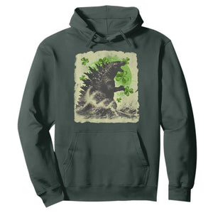 Funny St Patrick's Day Japanese Giant Monster Hoodie Vintage Shamrock Tsunami TS11 Dark Forest Green Print Your Wear