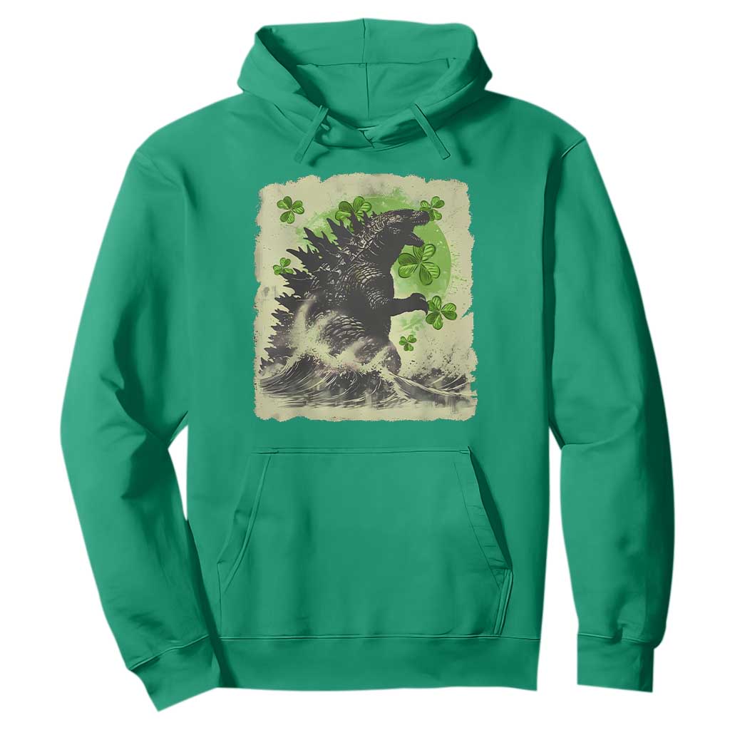 Funny St Patrick's Day Japanese Giant Monster Hoodie Vintage Shamrock Tsunami TS11 Irish Green Print Your Wear