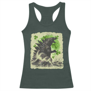 Funny St Patrick's Day Japanese Giant Monster Racerback Tank Top Vintage Shamrock Tsunami TS11 Dark Forest Green Print Your Wear