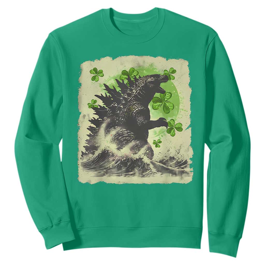 Funny St Patrick's Day Japanese Giant Monster Sweatshirt Vintage Shamrock Tsunami TS11 Irish Green Print Your Wear