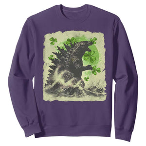 Funny St Patrick's Day Japanese Giant Monster Sweatshirt Vintage Shamrock Tsunami TS11 Purple Print Your Wear