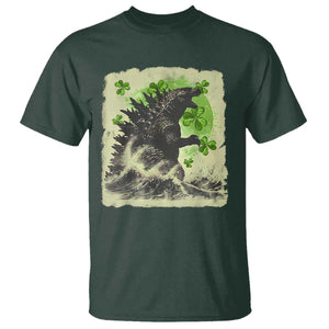 Funny St Patrick's Day Japanese Giant Monster T Shirt Vintage Shamrock Tsunami TS11 Dark Forest Green Print Your Wear