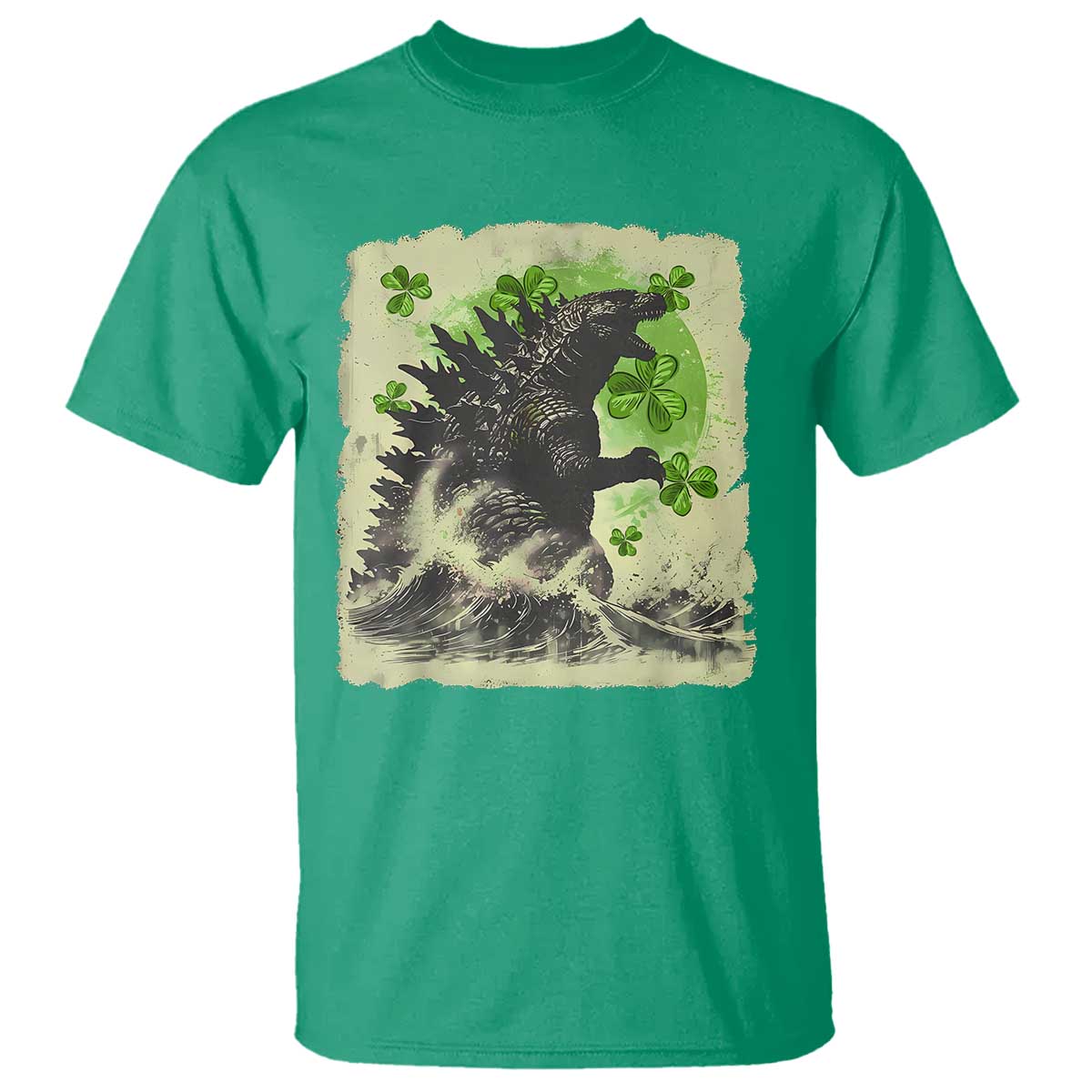 Funny St Patrick's Day Japanese Giant Monster T Shirt Vintage Shamrock Tsunami TS11 Irish Green Print Your Wear