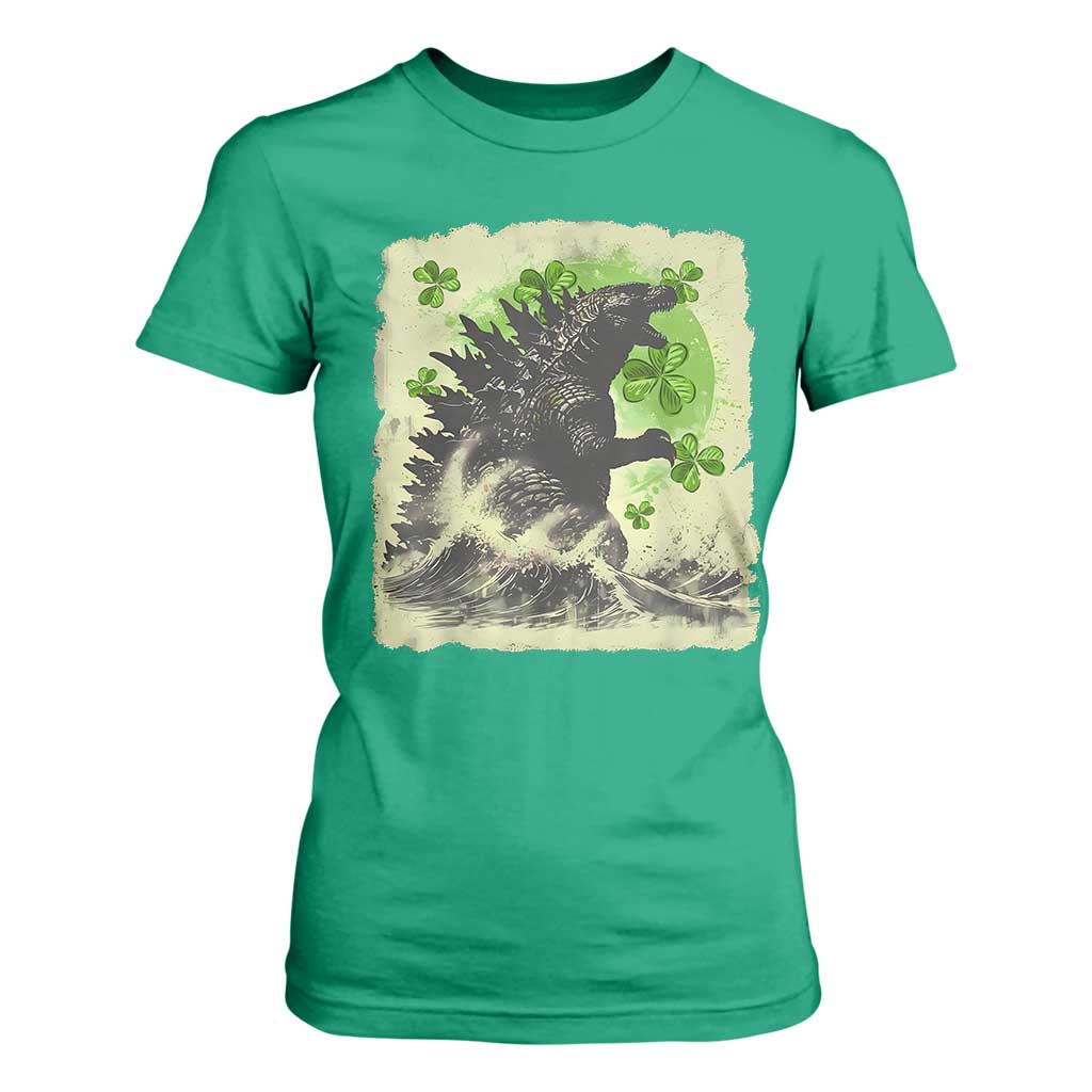 Funny St Patrick's Day Japanese Giant Monster T Shirt For Women Vintage Shamrock Tsunami TS11 Irish Green Print Your Wear