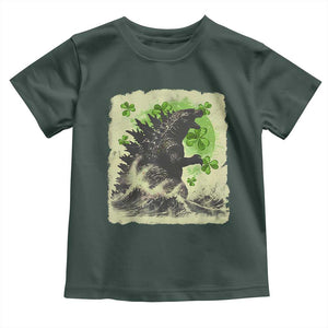 Funny St Patrick's Day Japanese Giant Monster Toddler T Shirt Vintage Shamrock Tsunami TS11 Dark Forest Green Print Your Wear