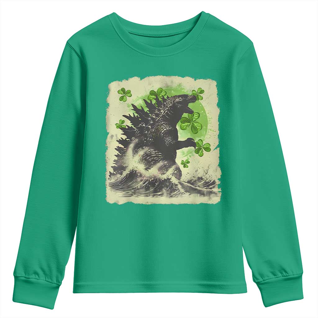 Funny St Patrick's Day Japanese Giant Monster Youth Sweatshirt Vintage Shamrock Tsunami TS11 Irish Green Print Your Wear