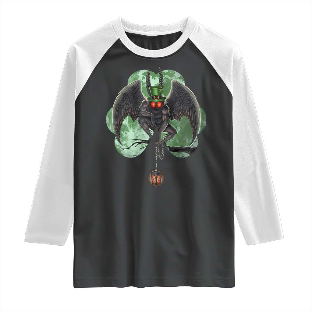 Funny St Patrick's Day Mothman Cryptid Creature Shamrock Raglan Shirt TS11 Black White Print Your Wear