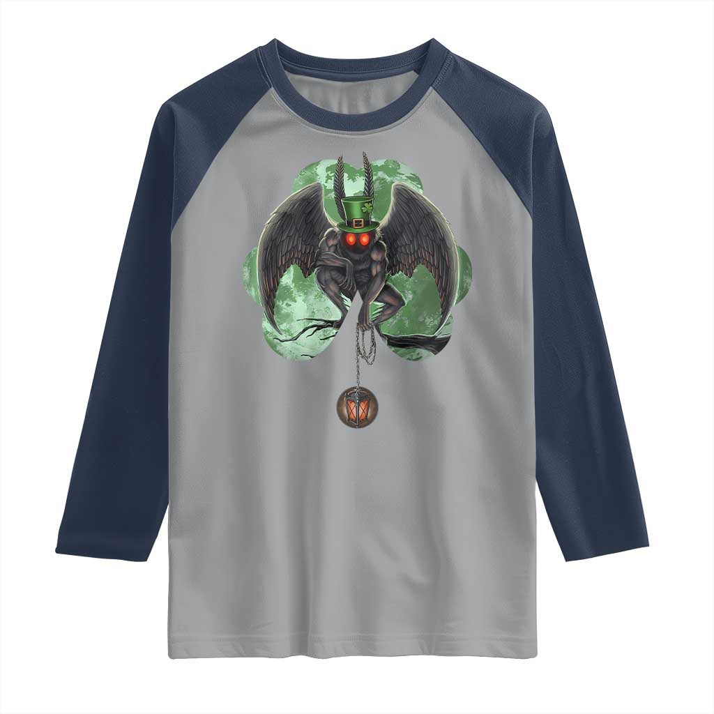 Funny St Patrick's Day Mothman Cryptid Creature Shamrock Raglan Shirt TS11 Sport Gray Navy Print Your Wear