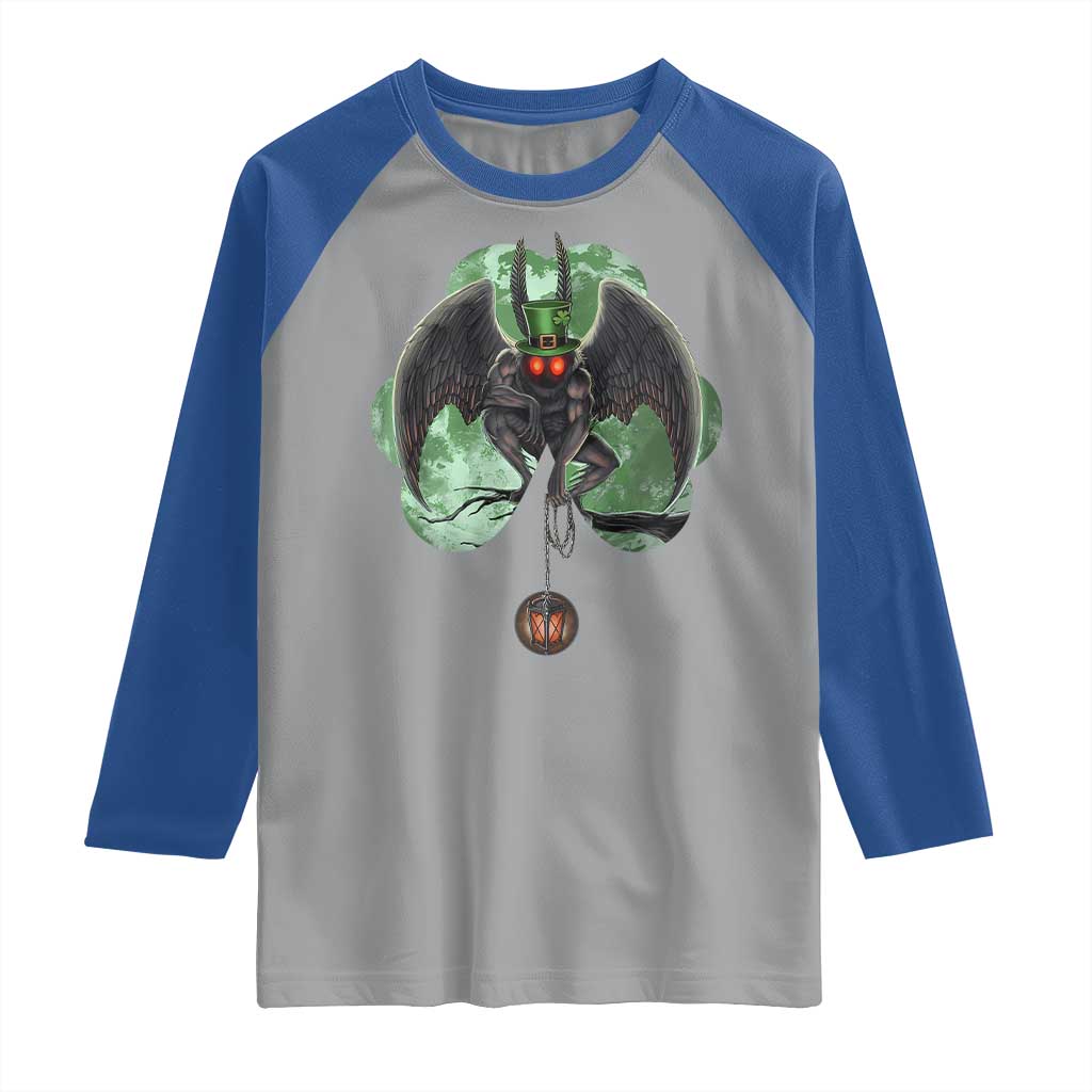 Funny St Patrick's Day Mothman Cryptid Creature Shamrock Raglan Shirt TS11 Sport Gray Royal Print Your Wear