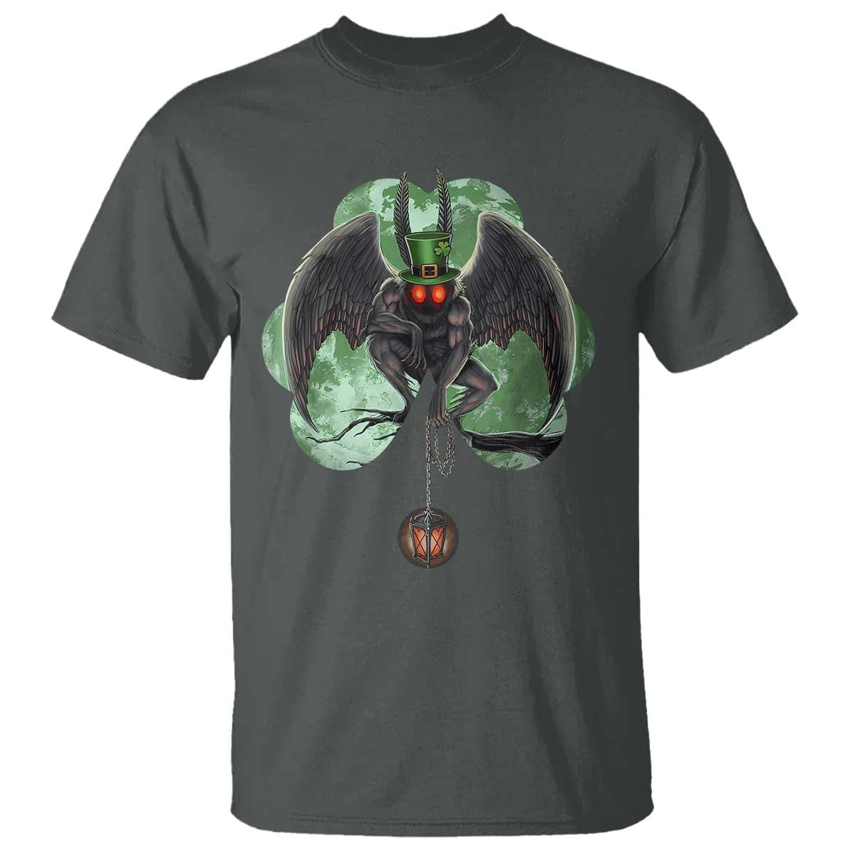 Funny St Patrick's Day Mothman Cryptid Creature Shamrock T Shirt TS11 Dark Heather Print Your Wear