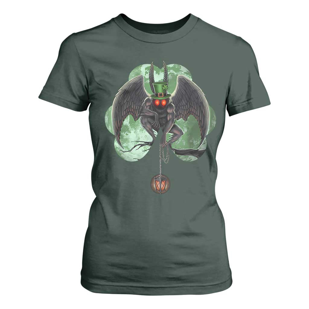 Funny St Patrick's Day Mothman Cryptid Creature Shamrock T Shirt For Women TS11 Dark Forest Green Print Your Wear
