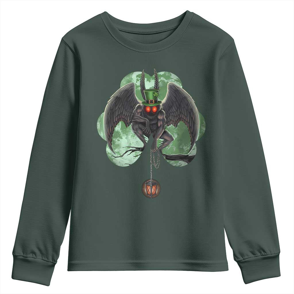 Funny St Patrick's Day Mothman Cryptid Creature Shamrock Youth Sweatshirt TS11 Dark Forest Green Print Your Wear