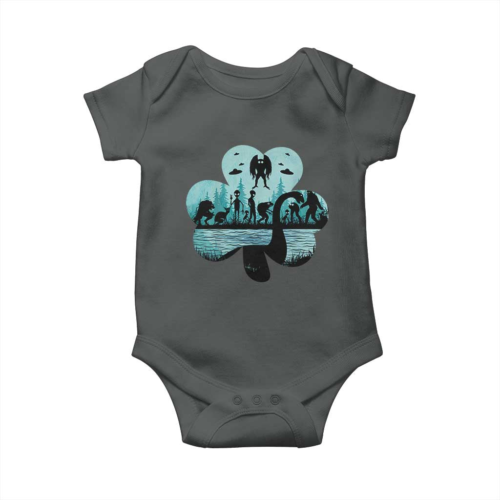 Funny Cryptid St Patrick's Day Baby Onesie Bigfoot Mothman Aliens Shamrock TS11 Dark Heather Print Your Wear