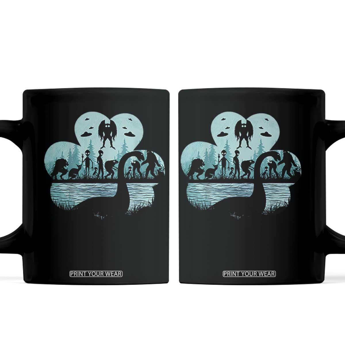 Funny Cryptid St Patrick's Day Coffee Mug Bigfoot Mothman Aliens Shamrock TS11 Black Print Your Wear