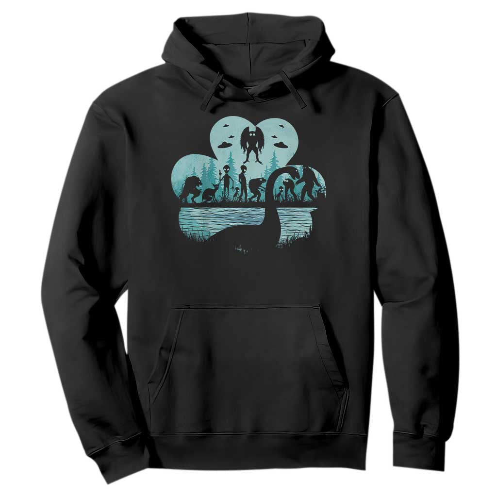 Funny Cryptid St Patrick's Day Hoodie Bigfoot Mothman Aliens Shamrock TS11 Black Print Your Wear