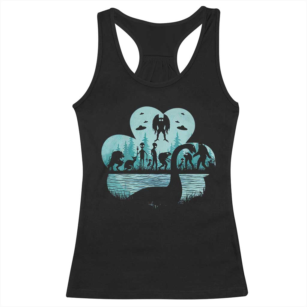 Funny Cryptid St Patrick's Day Racerback Tank Top Bigfoot Mothman Aliens Shamrock TS11 Black Print Your Wear