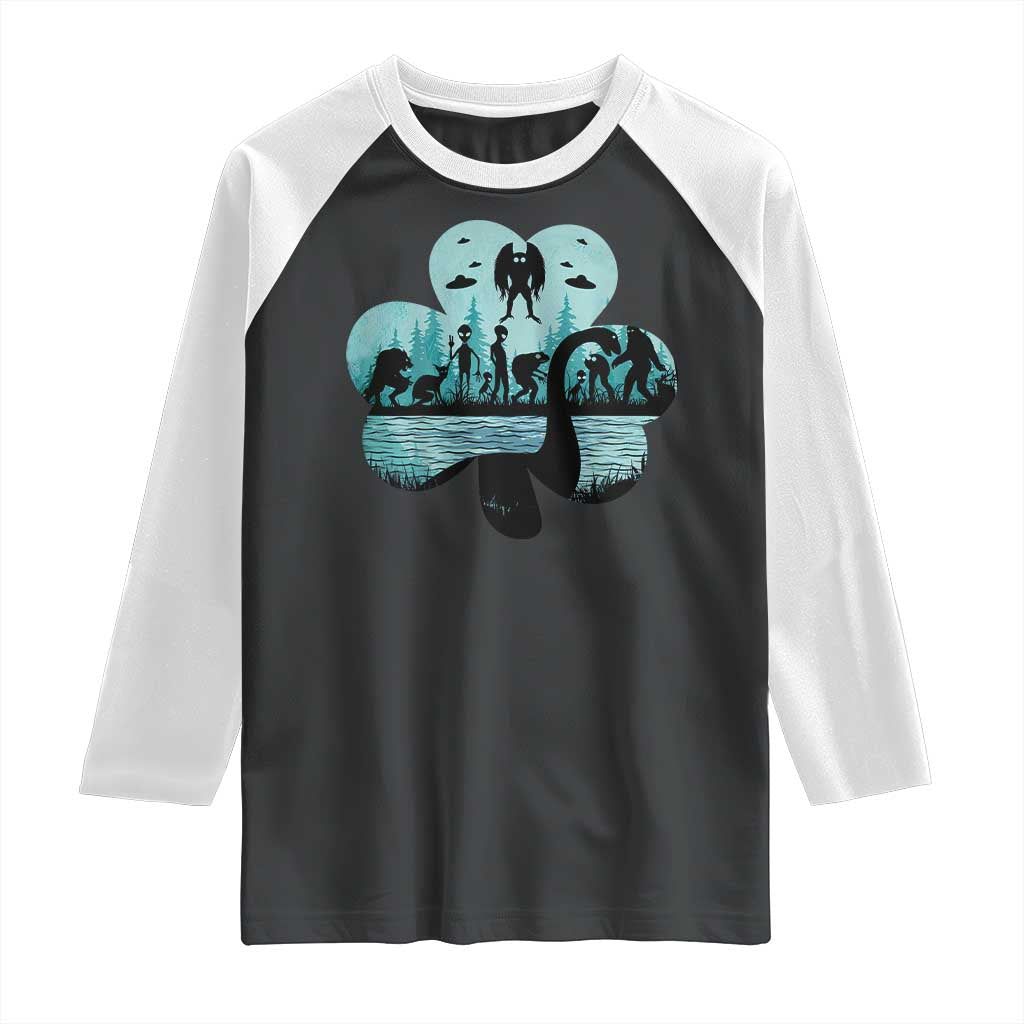 Funny Cryptid St Patrick's Day Raglan Shirt Bigfoot Mothman Aliens Shamrock TS11 Black White Print Your Wear