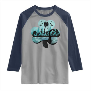Funny Cryptid St Patrick's Day Raglan Shirt Bigfoot Mothman Aliens Shamrock TS11 Sport Gray Navy Print Your Wear