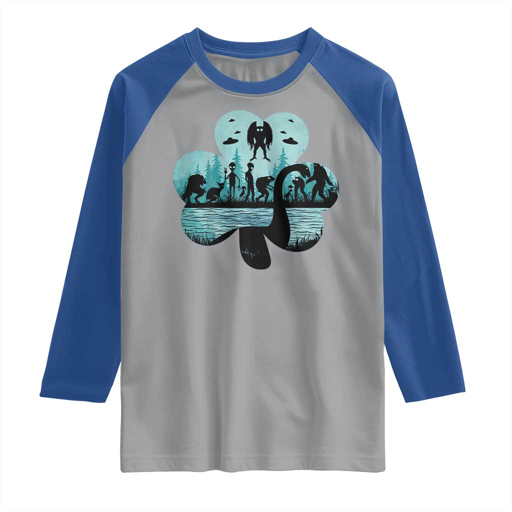 Funny Cryptid St Patrick's Day Raglan Shirt Bigfoot Mothman Aliens Shamrock TS11 Sport Gray Royal Print Your Wear