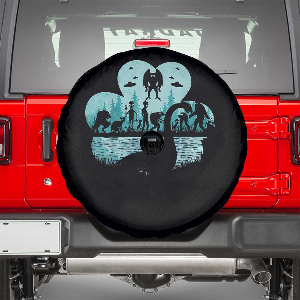 Funny Cryptid St Patrick's Day Spare Tire Cover Bigfoot Mothman Aliens Shamrock TS11 Black Print Your Wear
