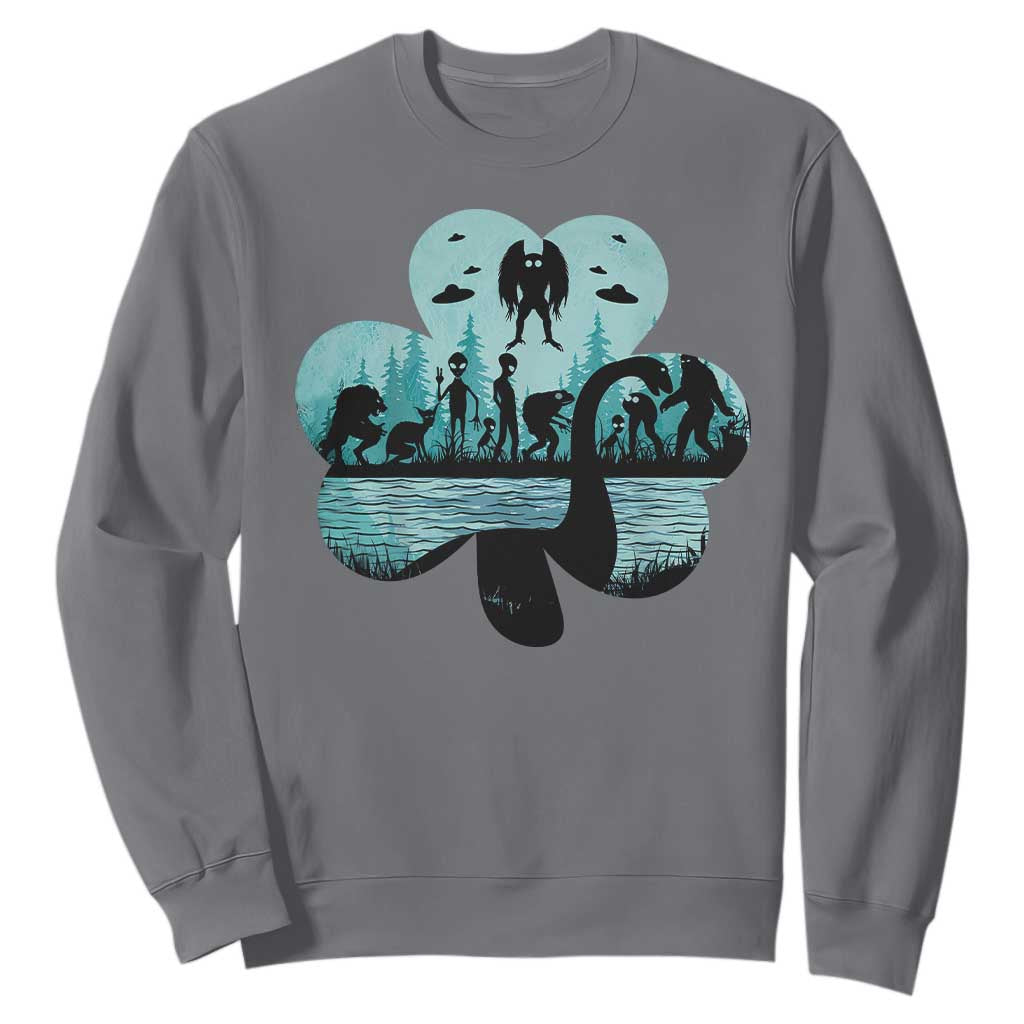 Funny Cryptid St Patrick's Day Sweatshirt Bigfoot Mothman Aliens Shamrock TS11 Charcoal Print Your Wear