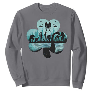 Funny Cryptid St Patrick's Day Sweatshirt Bigfoot Mothman Aliens Shamrock TS11 Charcoal Print Your Wear