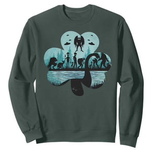 Funny Cryptid St Patrick's Day Sweatshirt Bigfoot Mothman Aliens Shamrock TS11 Dark Forest Green Print Your Wear