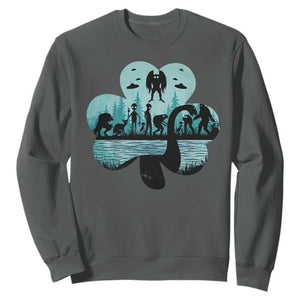 Funny Cryptid St Patrick's Day Sweatshirt Bigfoot Mothman Aliens Shamrock TS11 Dark Heather Print Your Wear