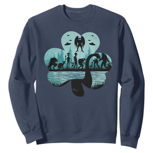 Funny Cryptid St Patrick's Day Sweatshirt Bigfoot Mothman Aliens Shamrock TS11 Navy Print Your Wear