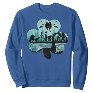 Funny Cryptid St Patrick's Day Sweatshirt Bigfoot Mothman Aliens Shamrock TS11 Royal Blue Print Your Wear